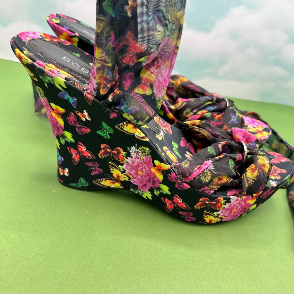 NEW BCBG Girls Floral Butterfly Wedge Ankle Wrap Heels - Picture 6 of 10